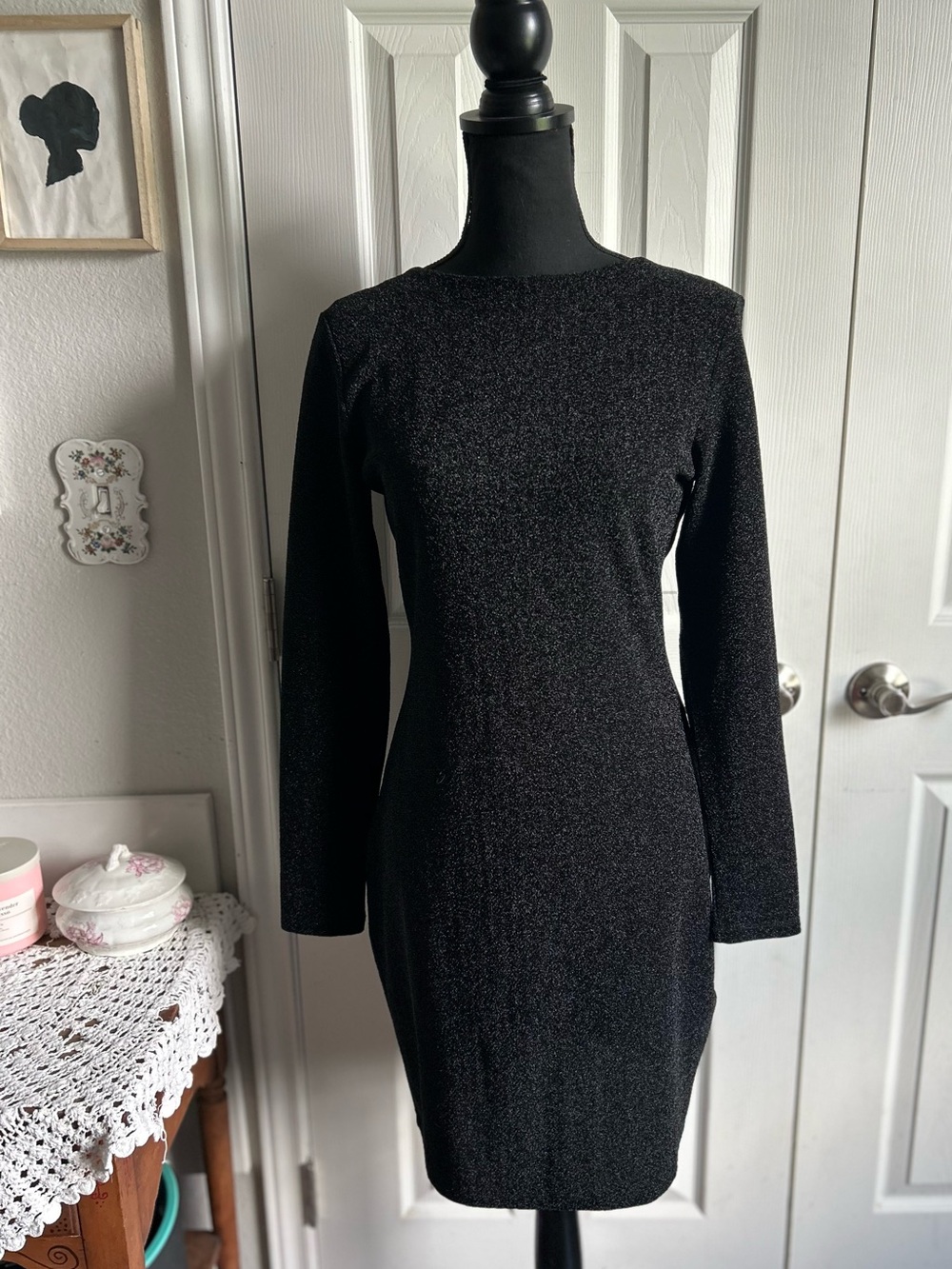 H&M shimmer open back long sleeve mini little black dress